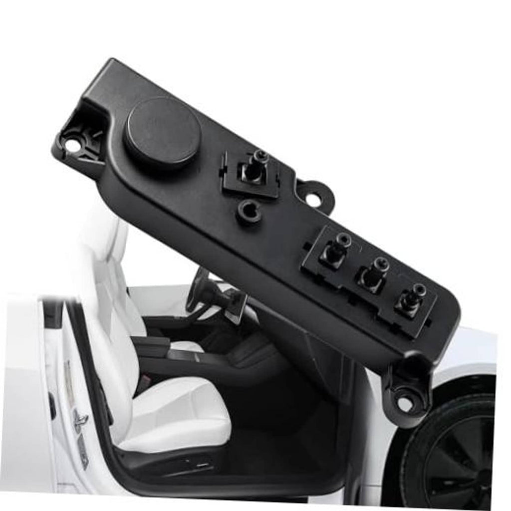 Black front right power seat control switch with round knob and multi-button panel