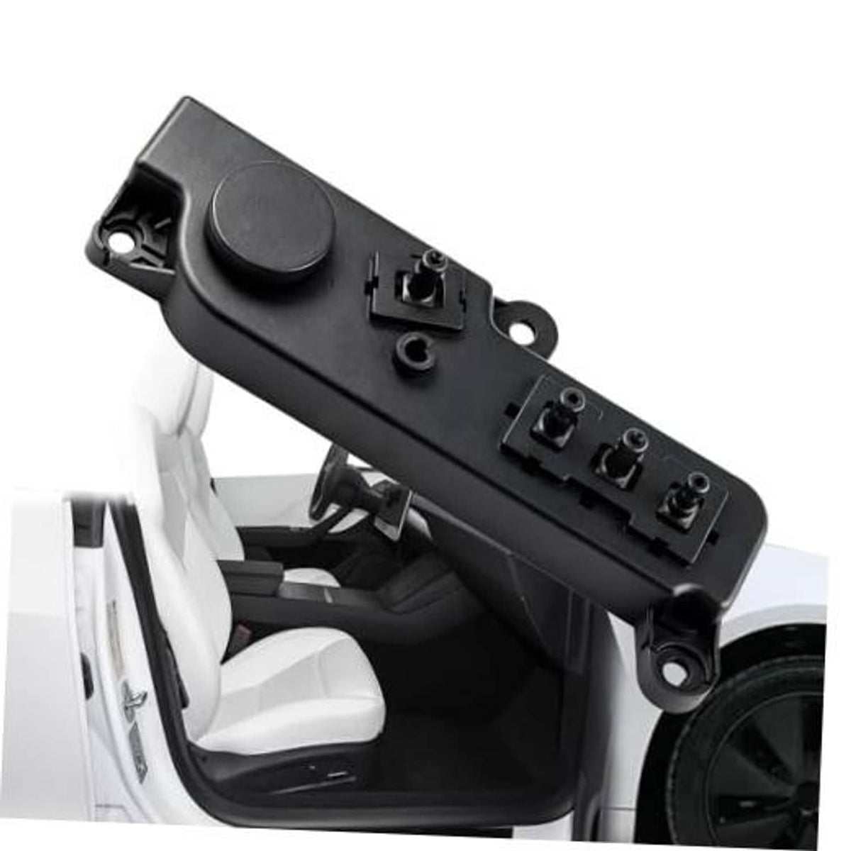Black front right power seat control switch with round knob and multi-button panel