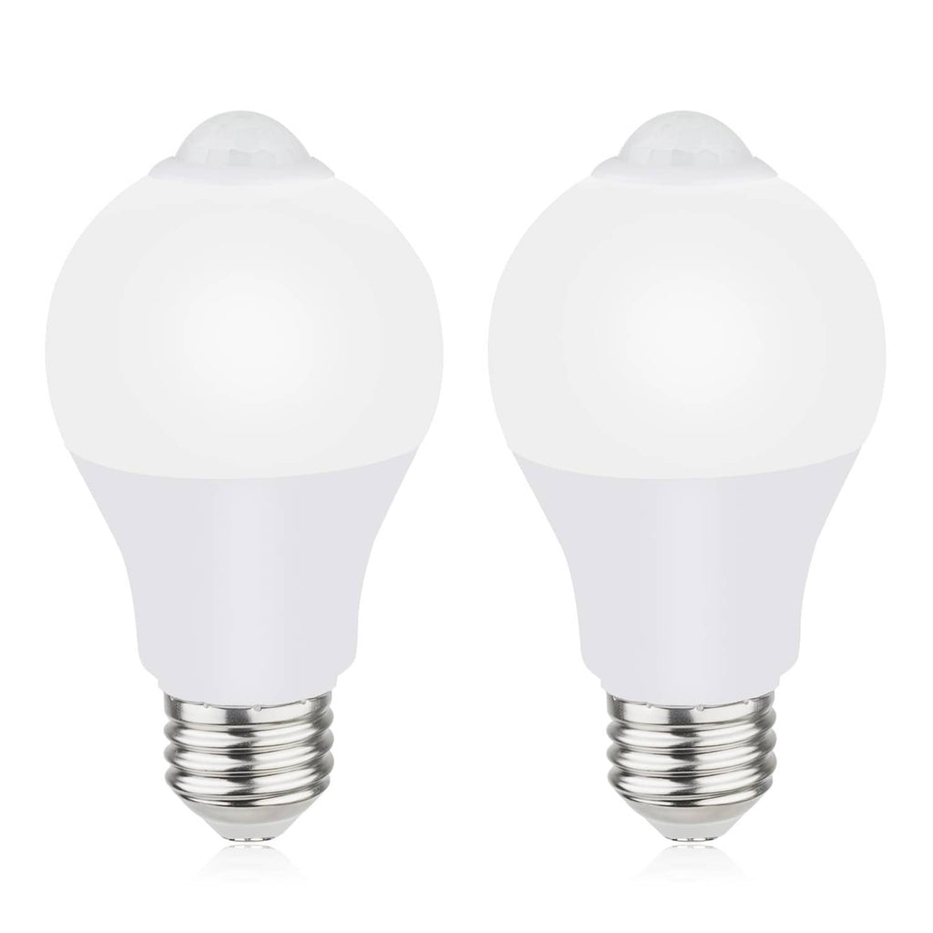 Pair of A19 motion sensor light bulbs with frosted white cover and metal screw base