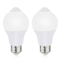 Pair of A19 motion sensor light bulbs with frosted white cover and metal screw base