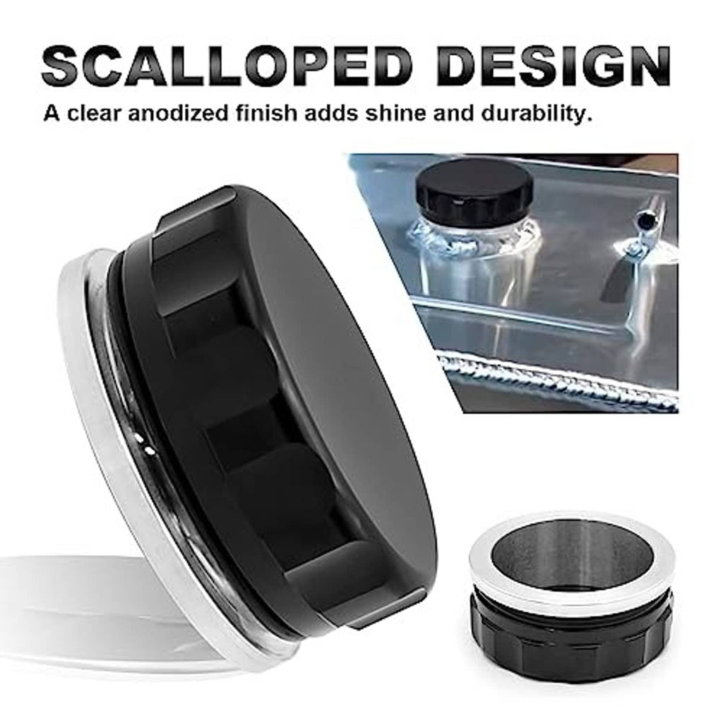 Black scalloped filler neck cap with chrome-like metal ring and side profile