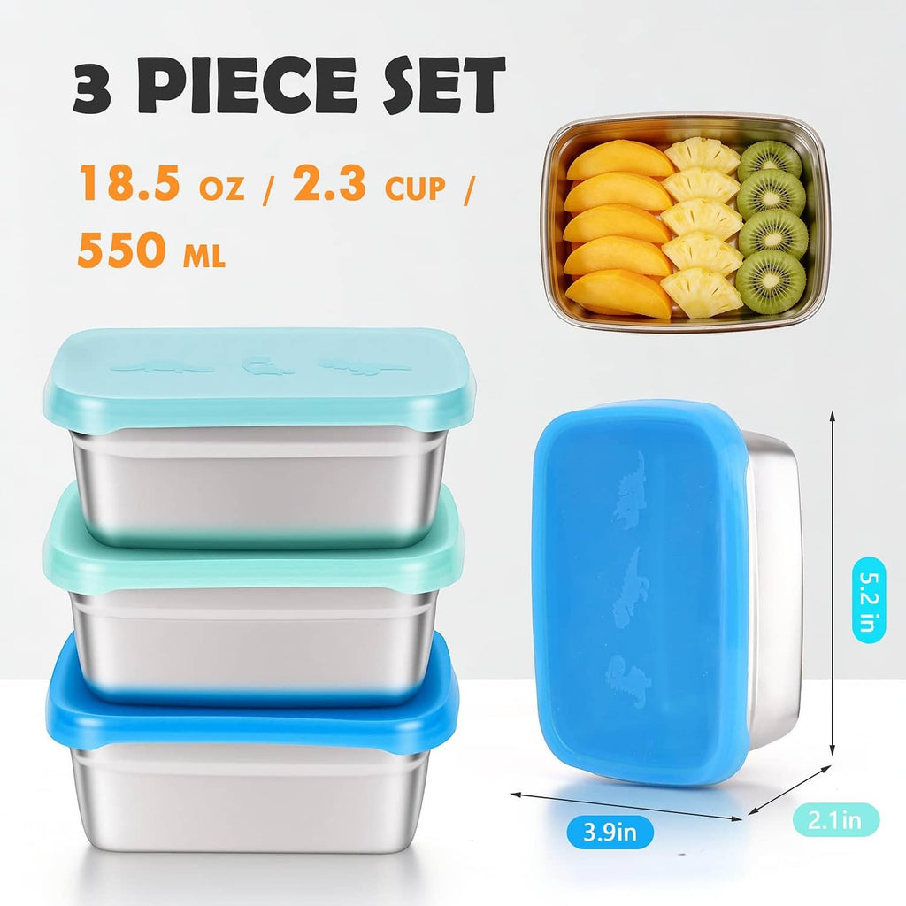 Tanjiae 3-piece stainless steel snack containers with turquoise and blue silicone dino lids