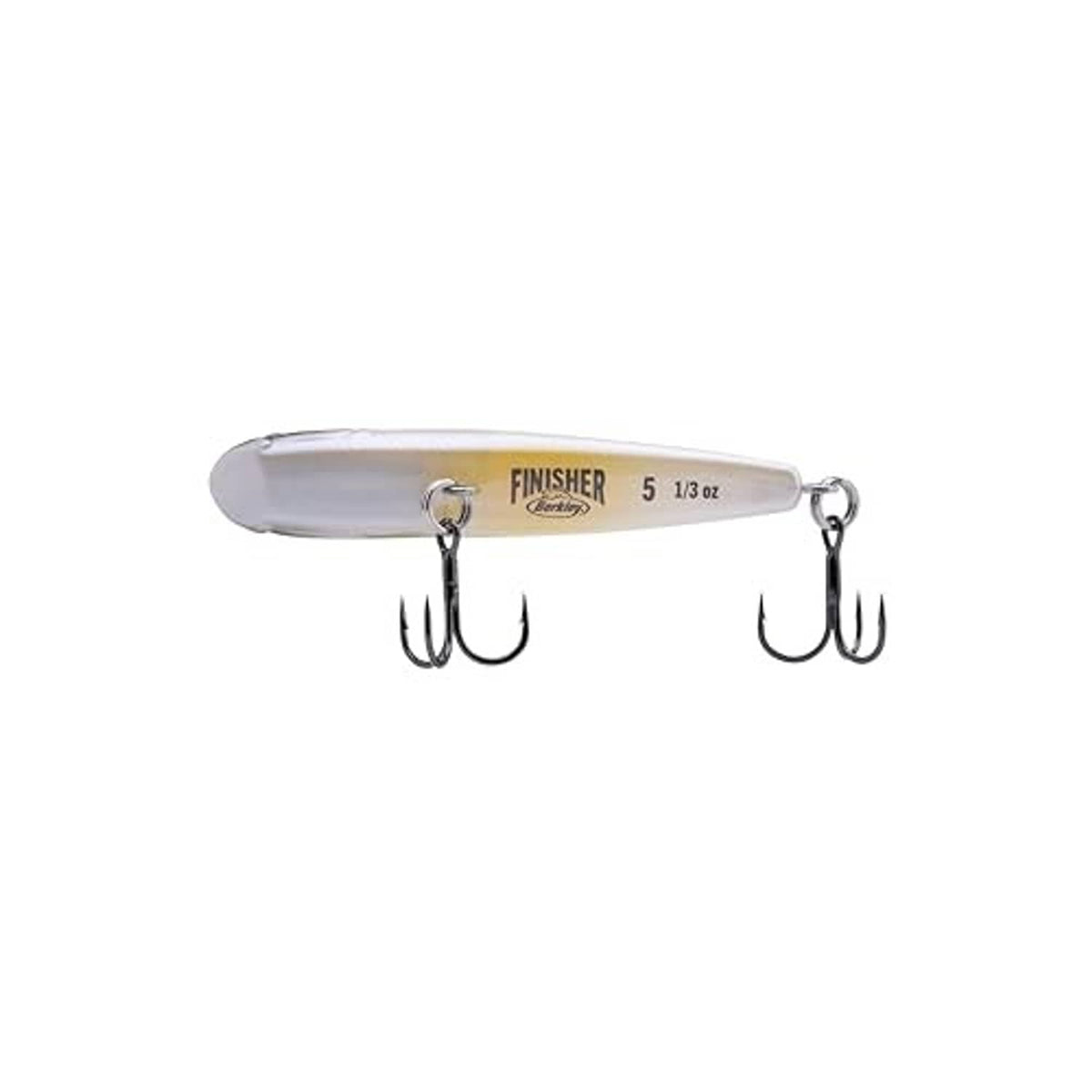 Berkley Finisher fishing lure, silver top with treble hooks visible and “FINISHER” text