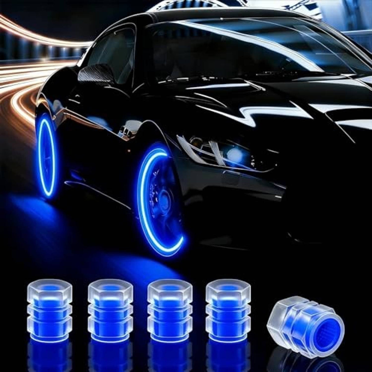 Blue glow-in-the-dark tire valve caps pack with one spare cap shown