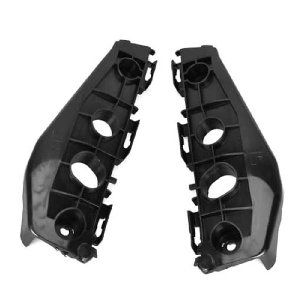 Black front bumper bracket support retainer pair with circular mounting holes