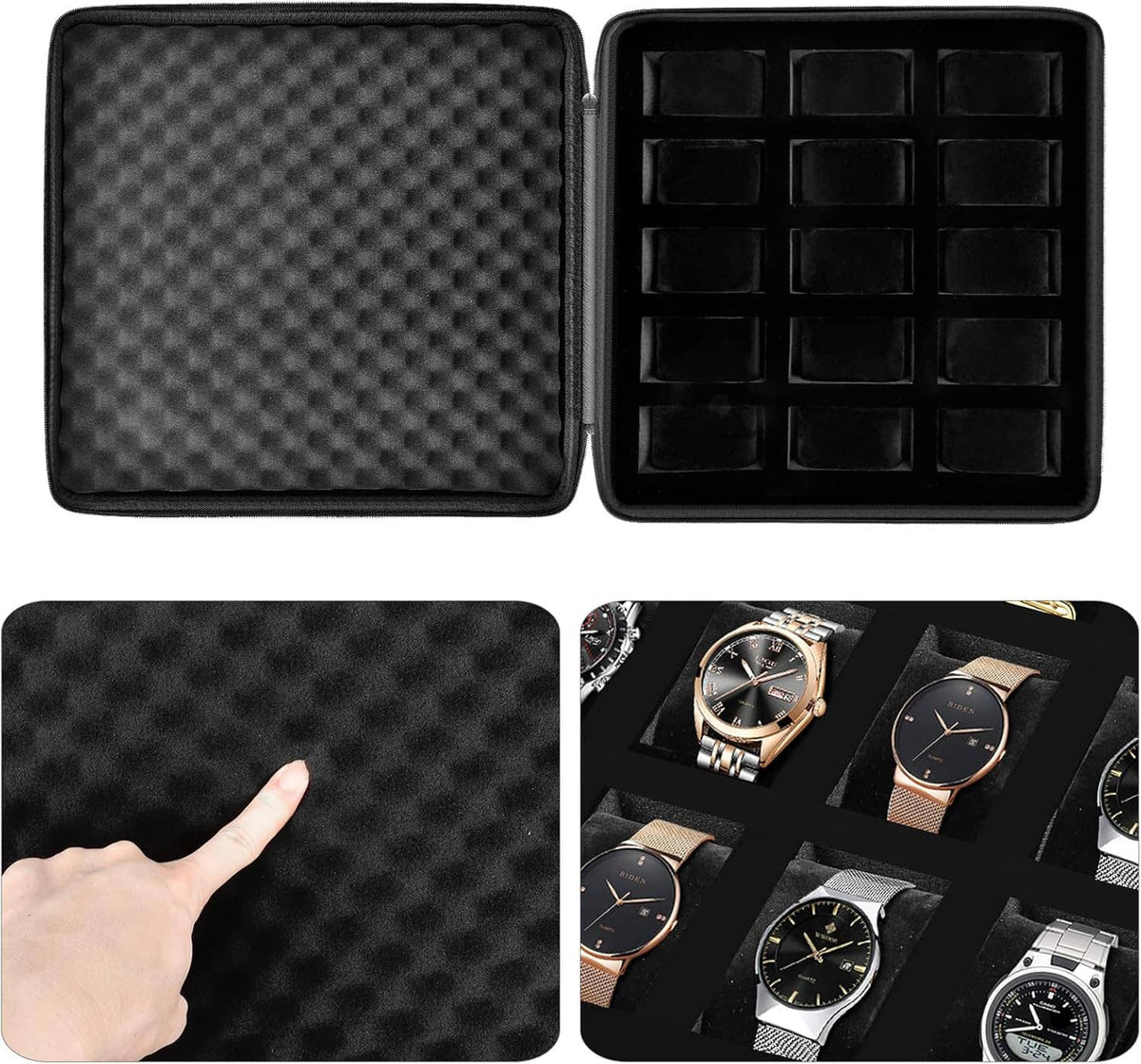 Black watch storage case with open lid and grid insert for multiple wristwatches