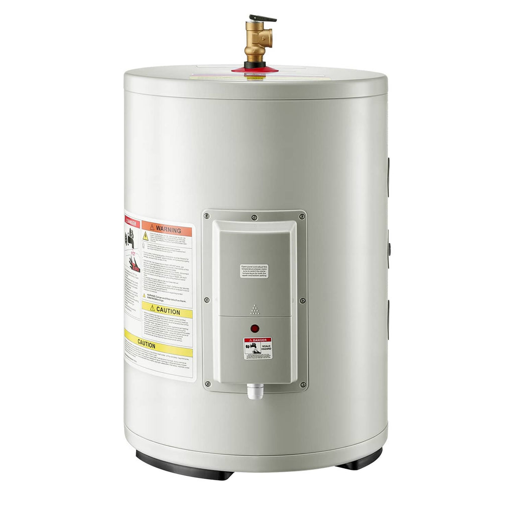 Electric water heater tank front panel with controls and lower black feet