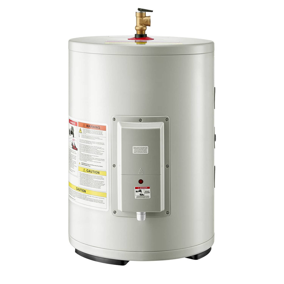 Electric water heater tank front panel with controls and lower black feet