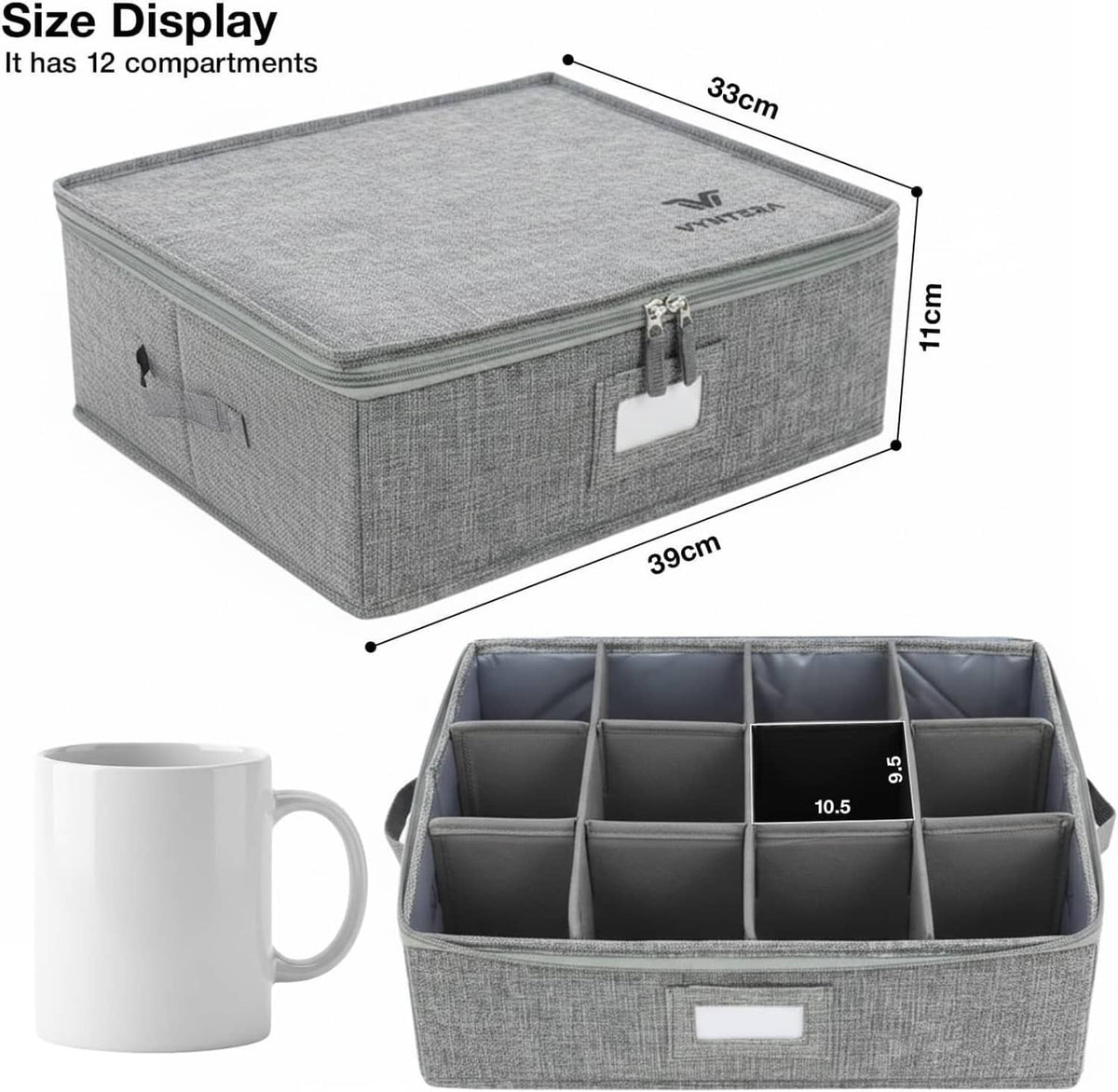 Grey mug storage organizer box with dual zipper and divided interior compartments