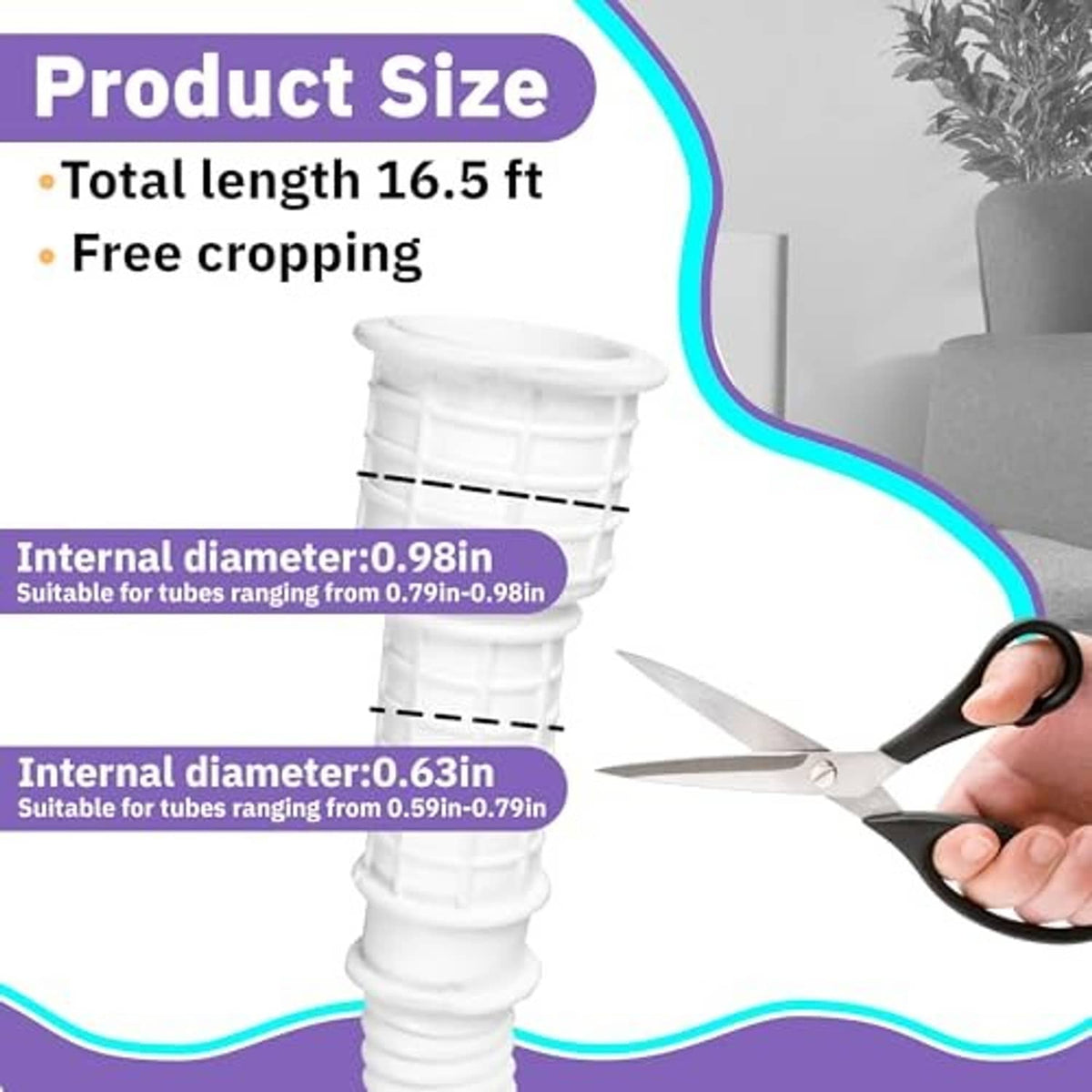 White drain hose with cuttable section shown; coiled length measurement graphic