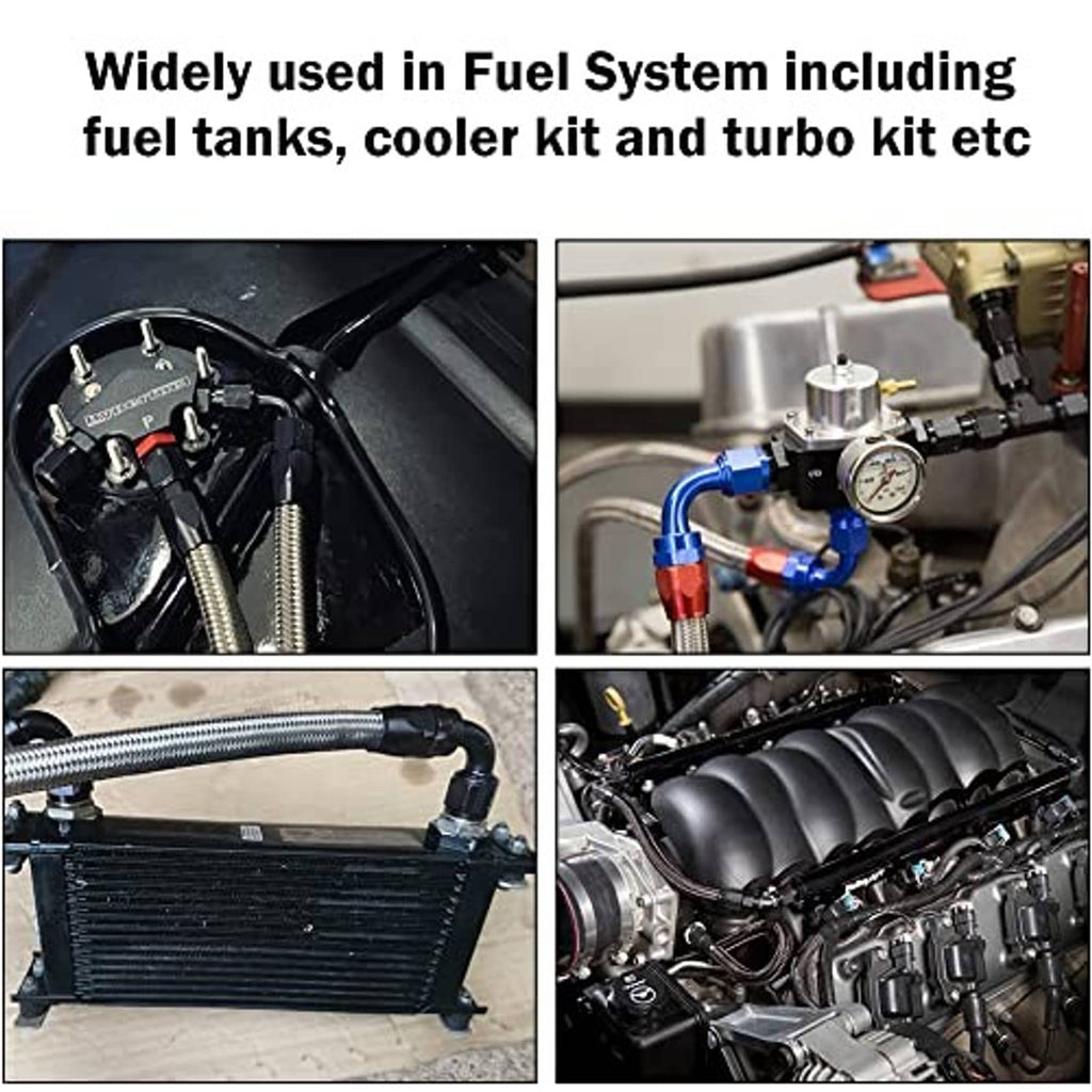 Fuel-system hose fitting adapter with black threaded ends shown in engine bay use