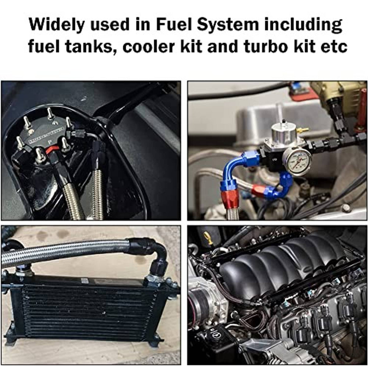 Fuel-system hose fitting adapter with black threaded ends shown in engine bay use