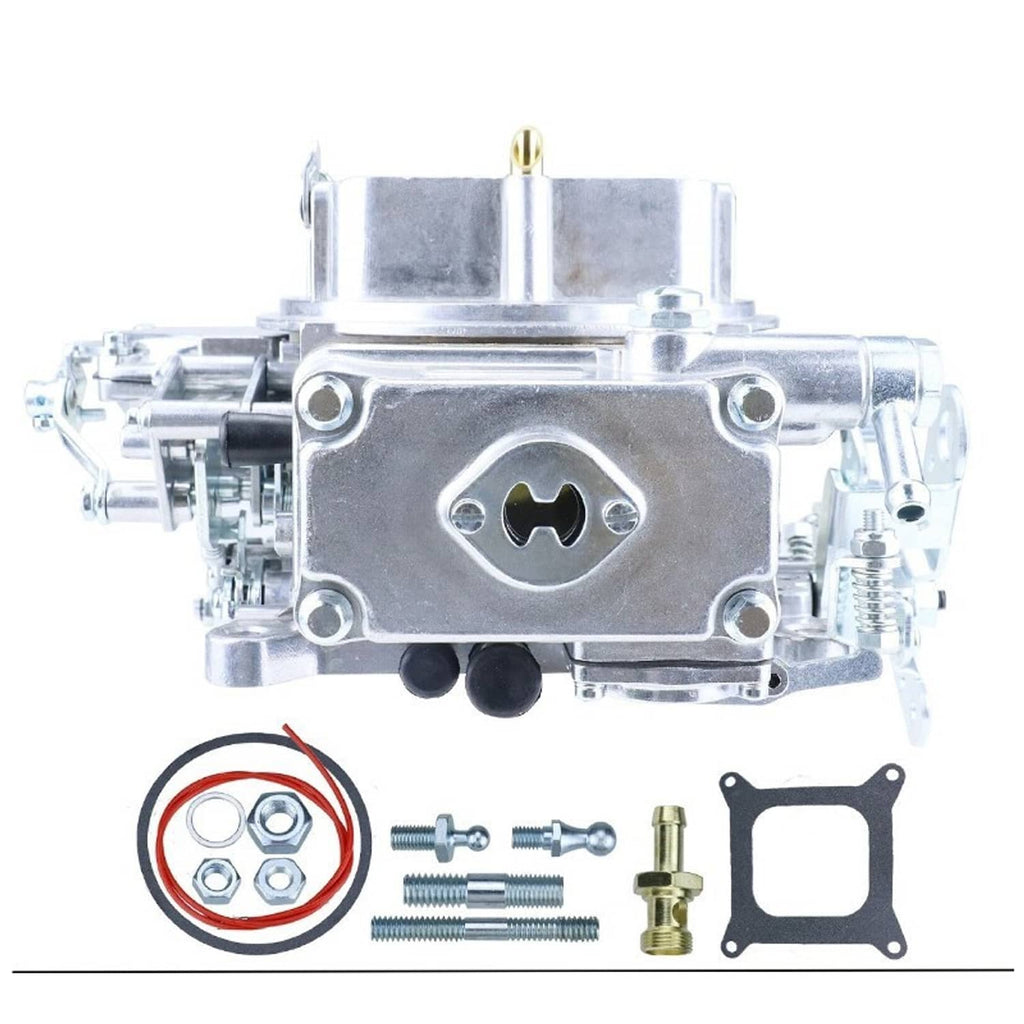 Silver 4-barrel carburetor with manual choke, front view with gasket and fasteners