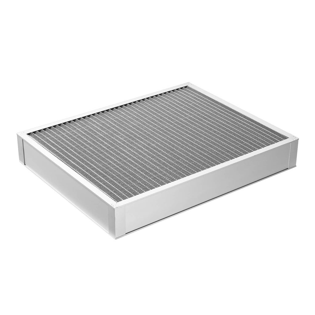 Rectangular air filter with gray grid mesh and silver aluminum frame