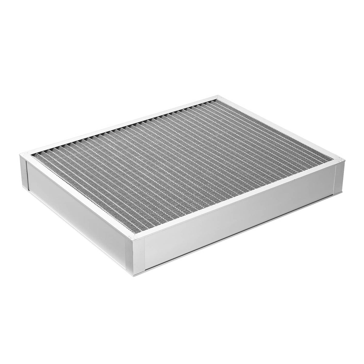 Rectangular air filter with gray grid mesh and silver aluminum frame