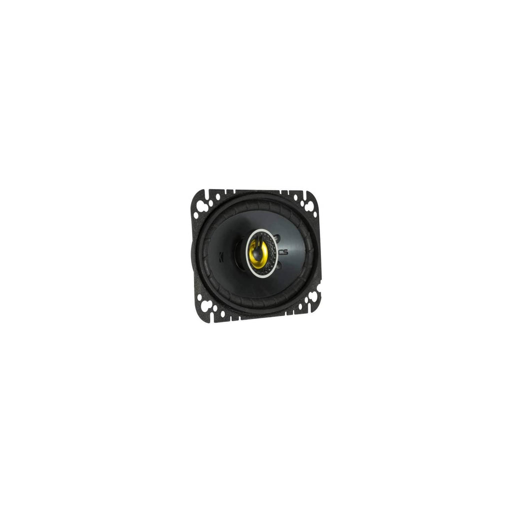 KICKER coaxial car speaker, centered front view, black grille with yellow tweeter