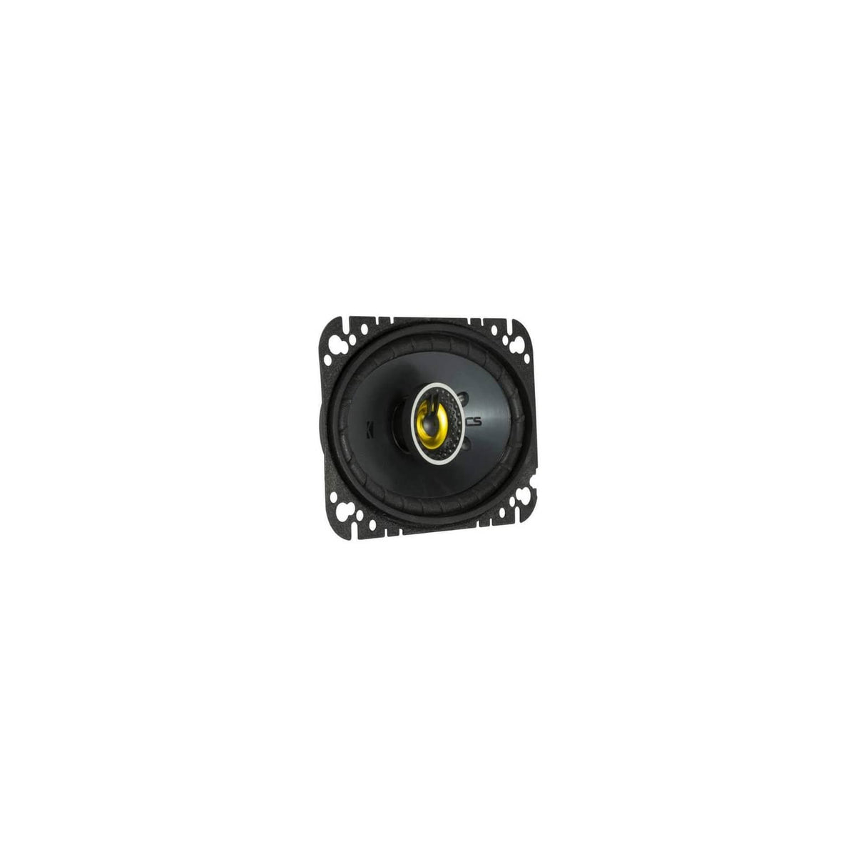 KICKER coaxial car speaker, centered front view, black grille with yellow tweeter