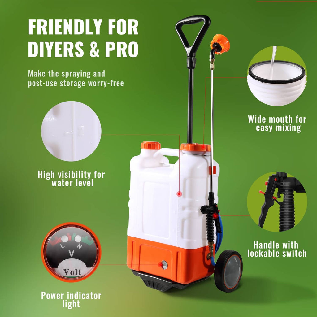 White and orange battery sprayer cart with black handle, wheels, and lockable switch panel