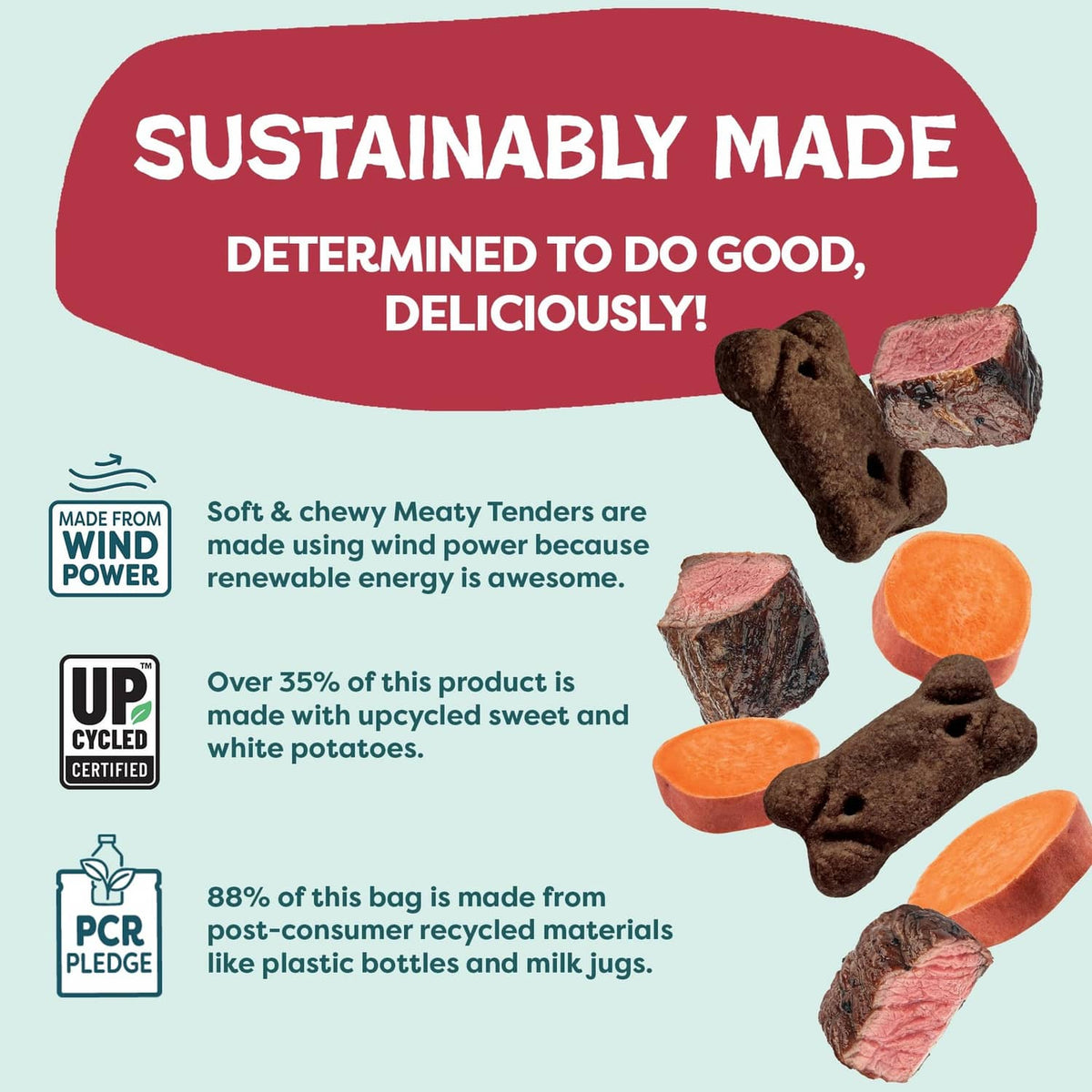 Beef dog treat bag with wind power, UP-cycled, and recycled-content icons