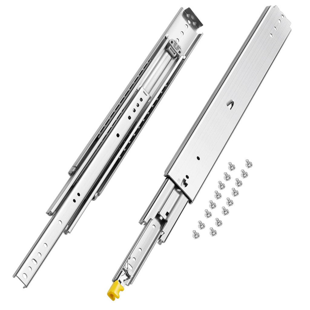 Pair of metal drawer slide rails with ball-bearing tracks, mounting holes, and included screws