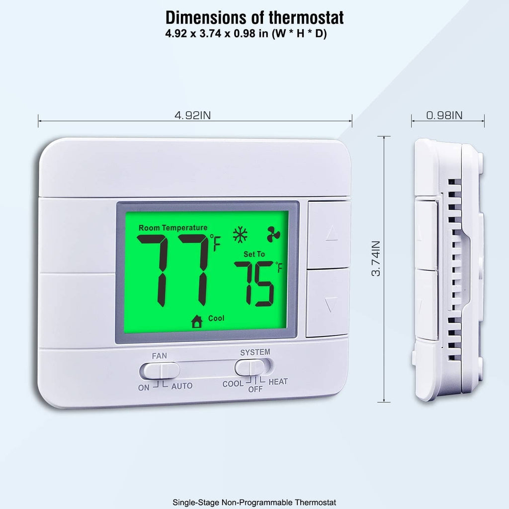 White thermostat with green backlit LCD and side profile showing thickness