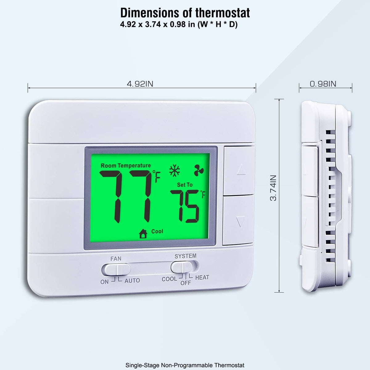 White thermostat with green backlit LCD and side profile showing thickness