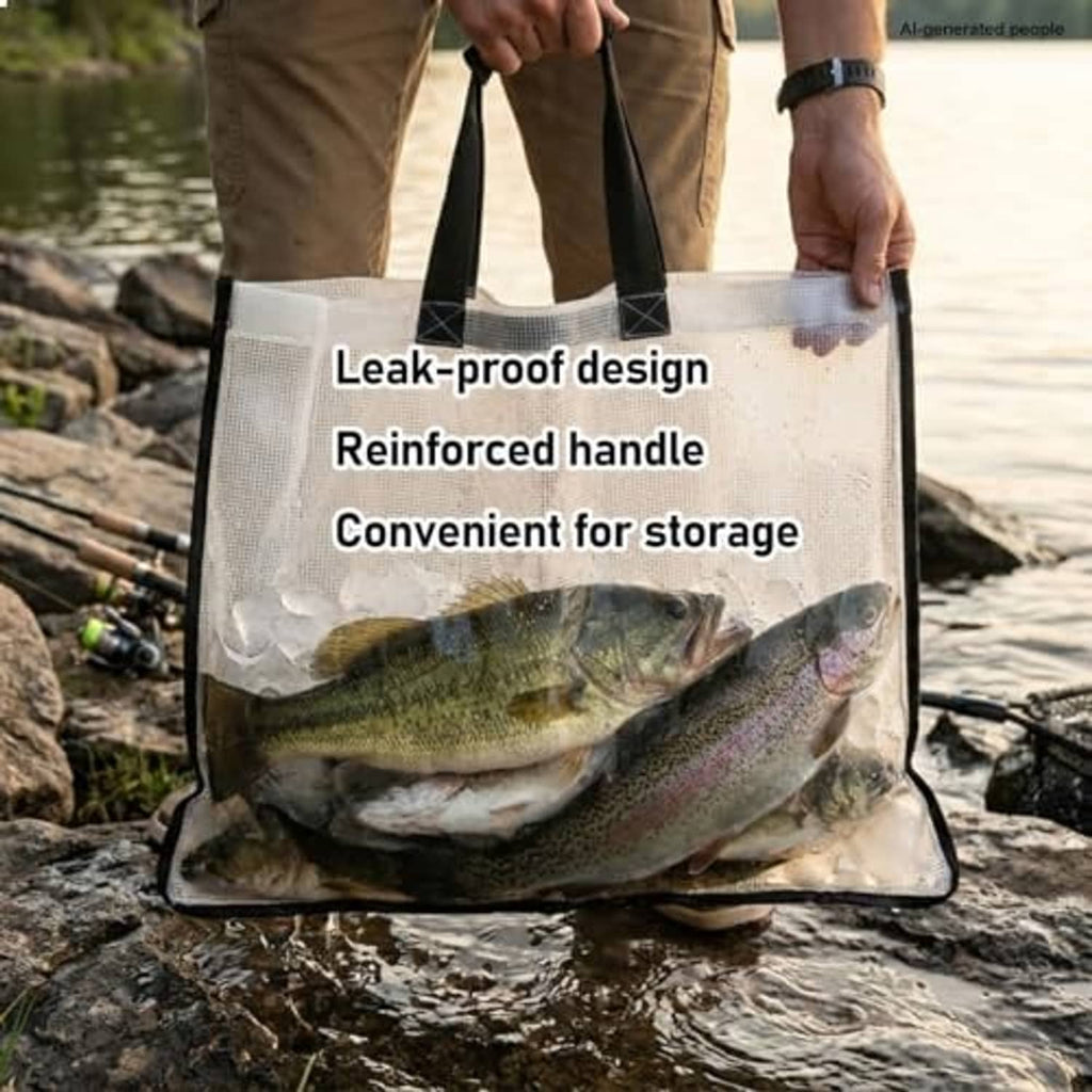 Transparent fish tote bag with reinforced black handles and fish inside.