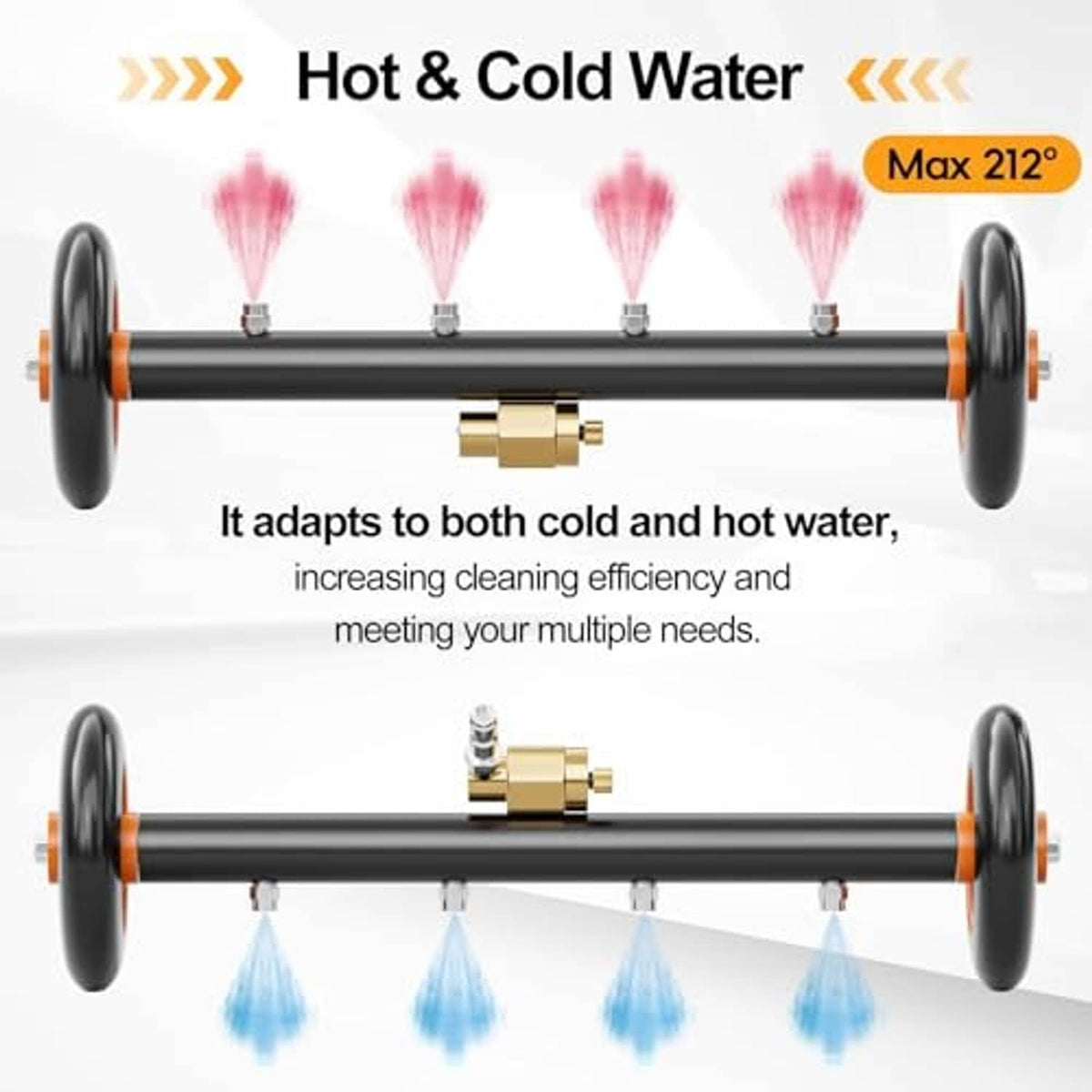Undercarriage cleaner attachment for hot and cold water, orange-wheel bar with spray