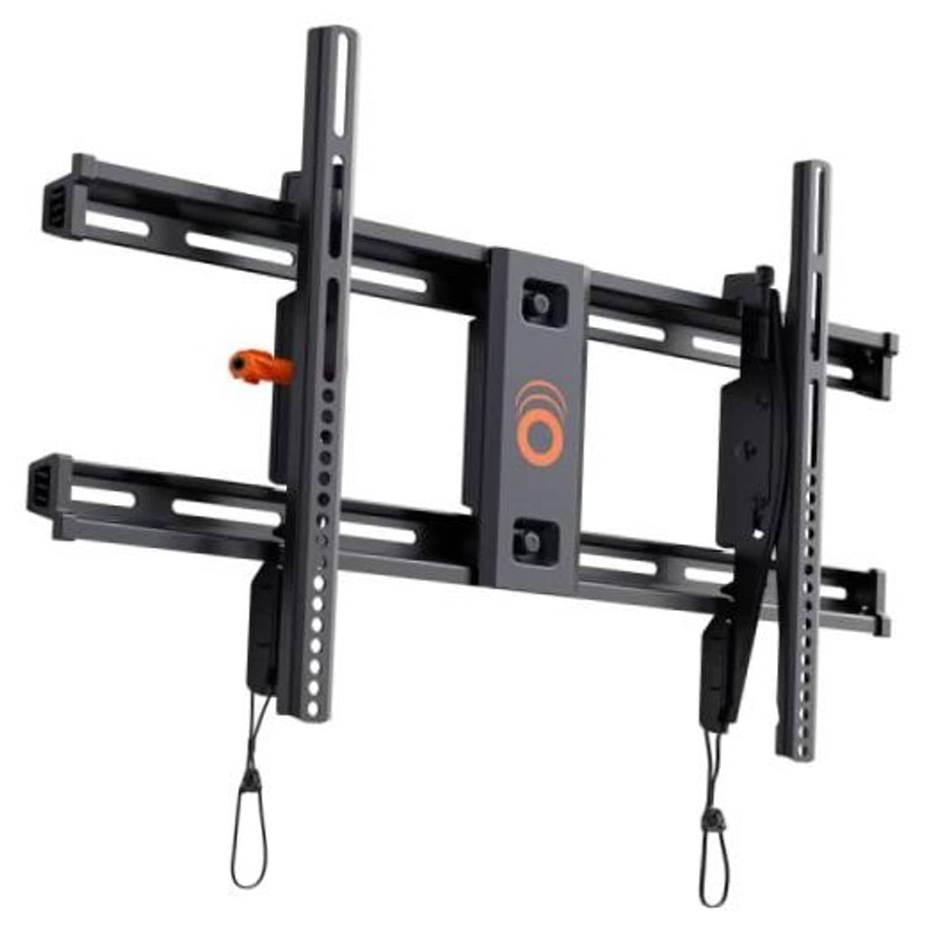 Low-profile wall TV mount bracket with tilt mechanism and two vertical rails, black