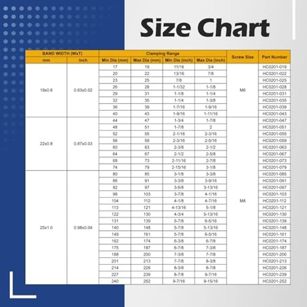 Stainless steel T-bolt hose clamp size chart with clamping range and screw size table