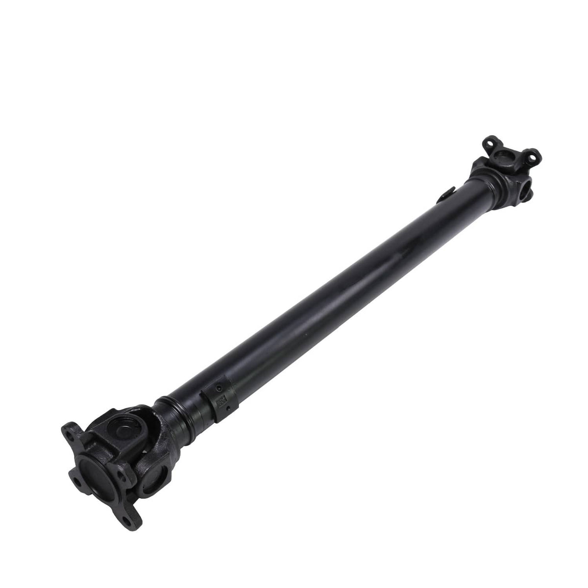 Front driveshaft prop shaft with black tube and end mounting flanges, angled view