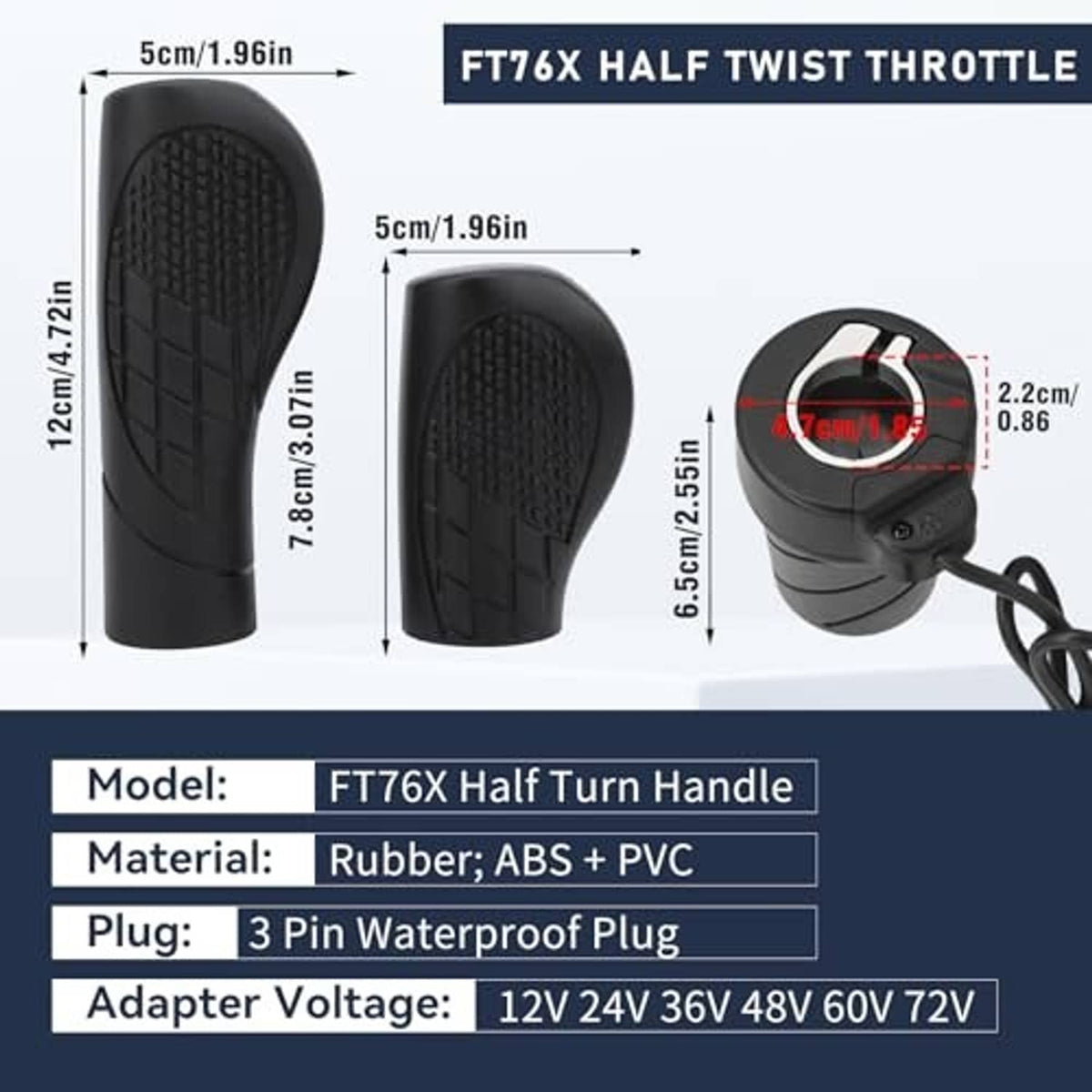Black half-twist throttle and rubber grips with textured patterns on both handles.