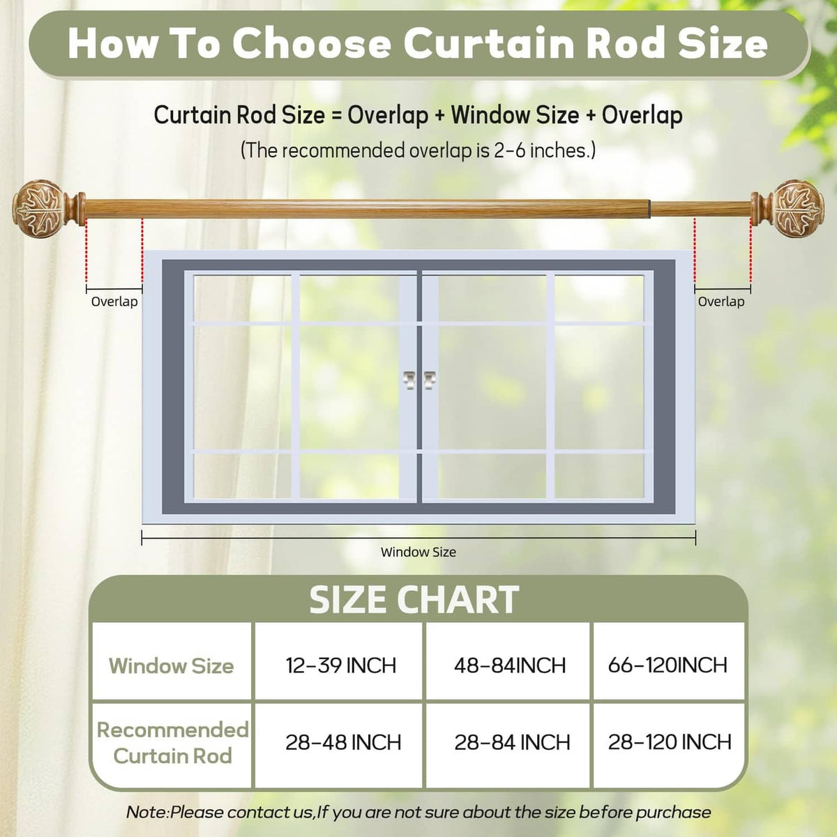 Curtain rod size chart with overlap and window-size measurements for 28–48 in