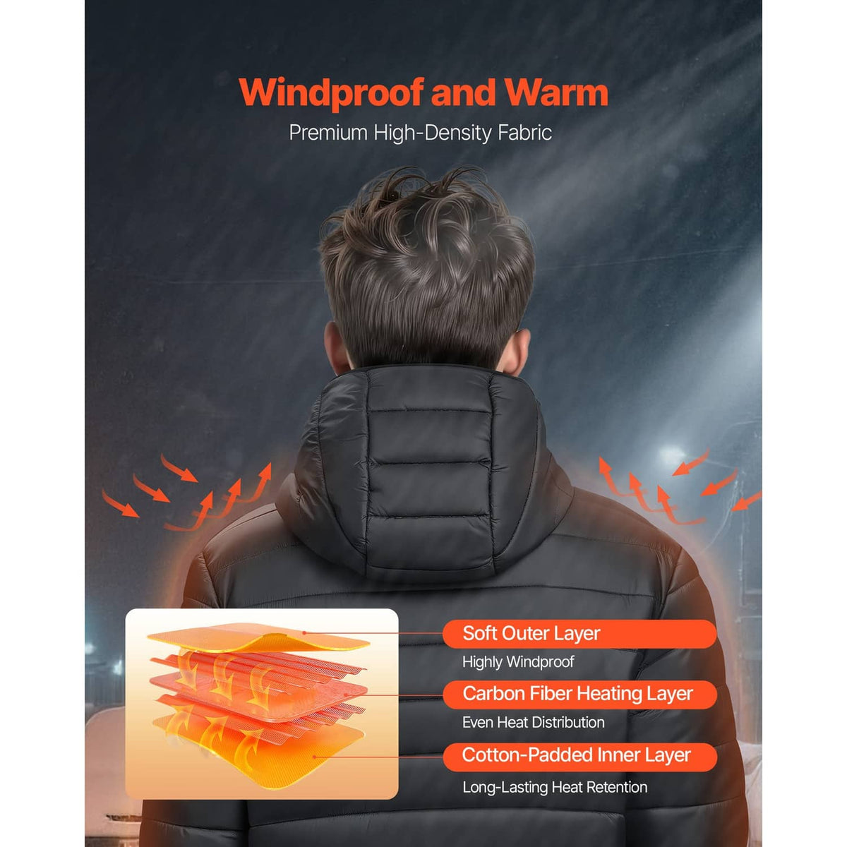 Uimoso heated jacket, black hooded puffer with back padding and zipper
