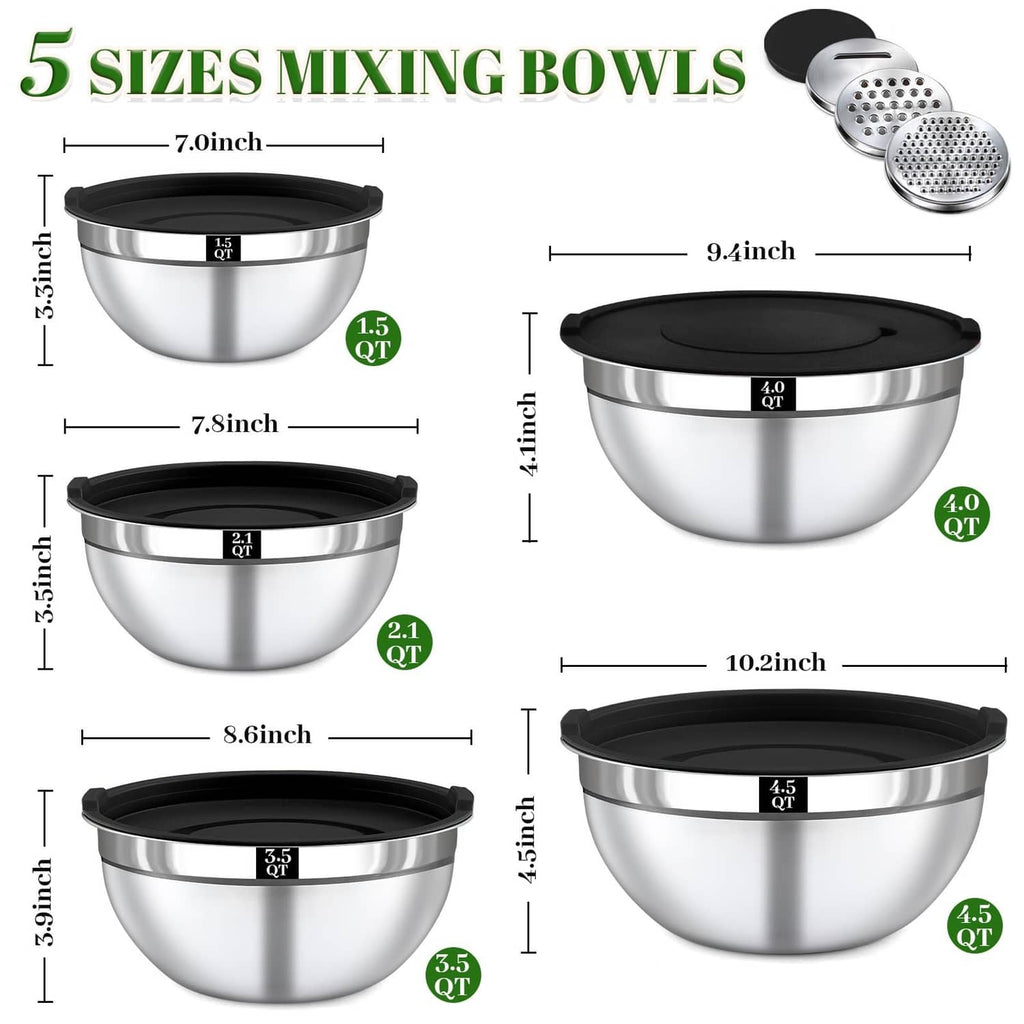 Stainless mixing bowls with black lids, four sizes, and small stainless grater attachment