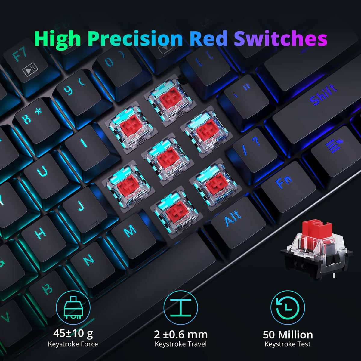 Close-up of red mechanical switches with RGB backlighting on black keycaps