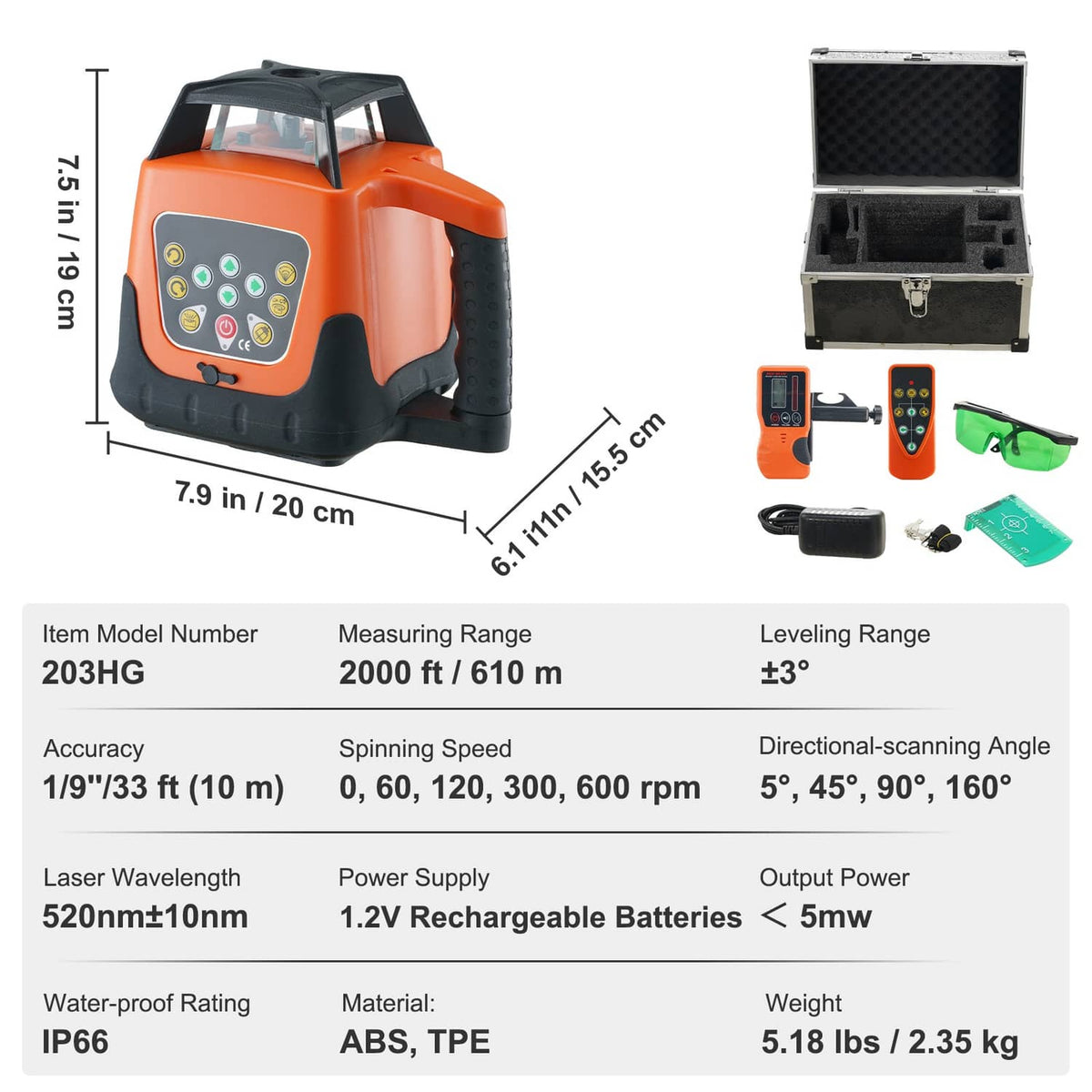 Orange rotary laser level with control panel, receiver handset, and green protective glasses