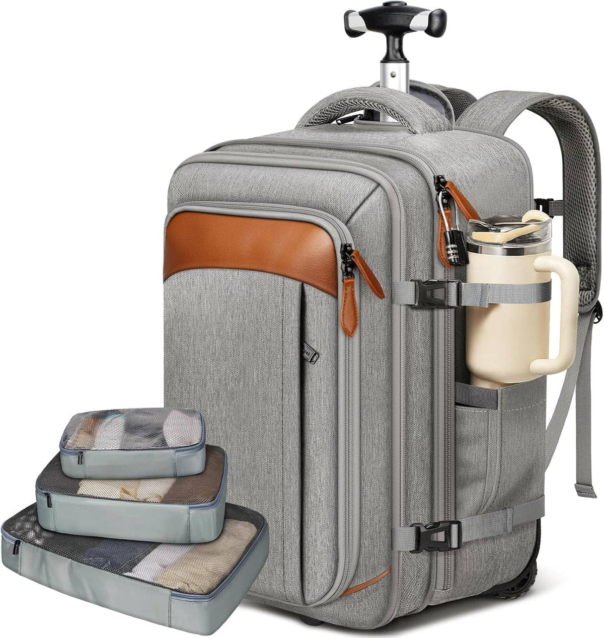 Gray expandable wheeled travel backpack with orange pocket and side water bottle holder