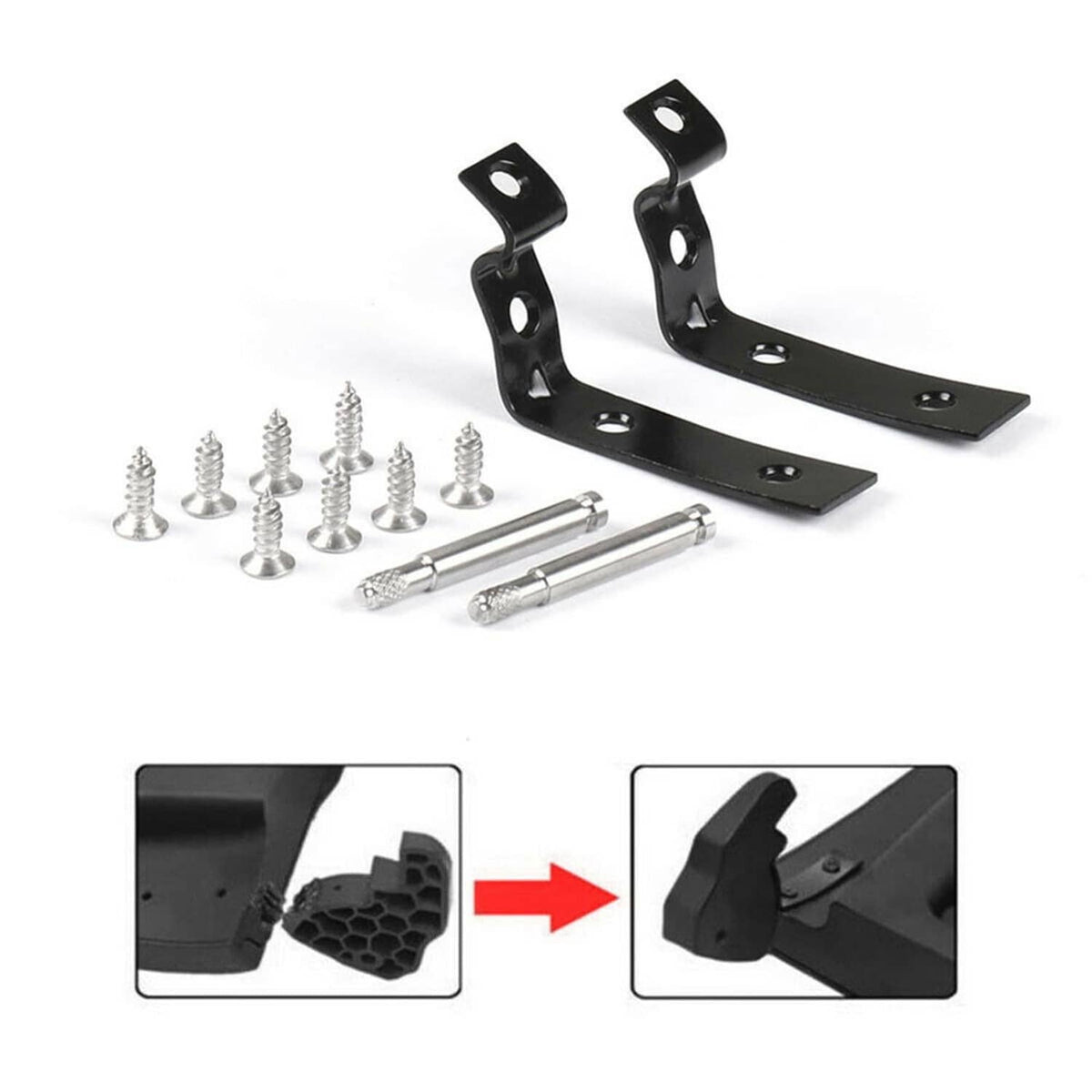 Pair of black glove box hinge brackets with silver bolts and screws