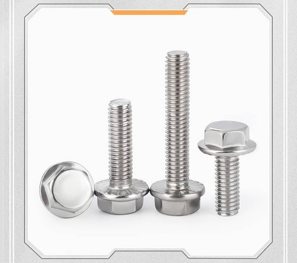 Four flanged hex head bolts with washers, polished silver finish