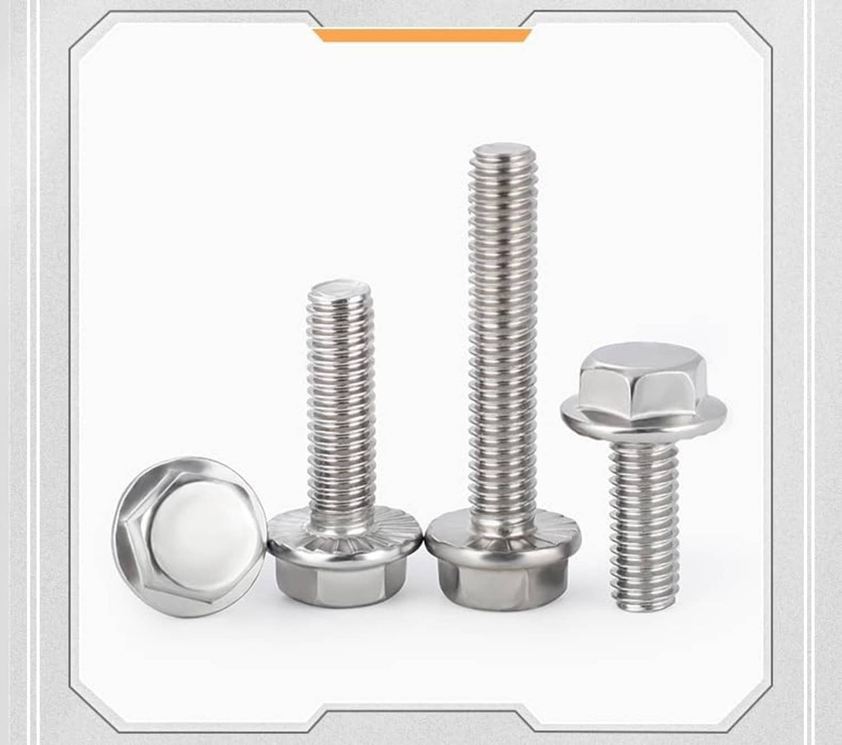 Four flanged hex head bolts with washers, polished silver finish