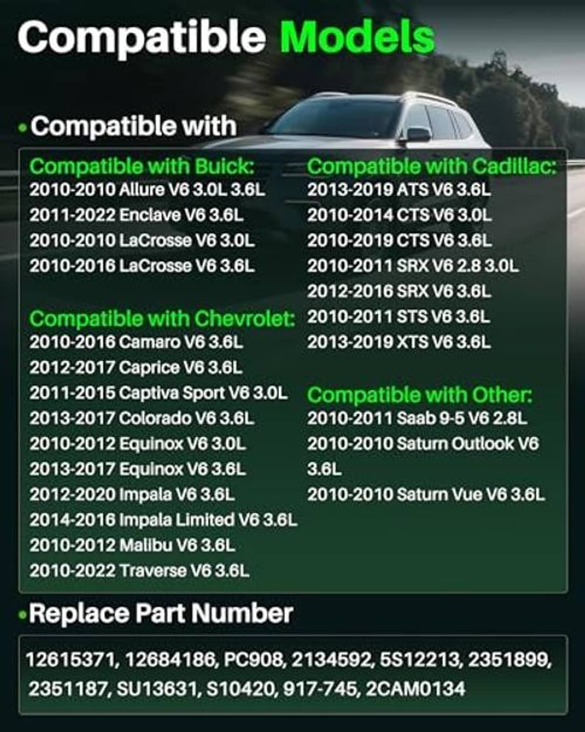 Compatibility list for camshaft position sensor replacement by vehicle model