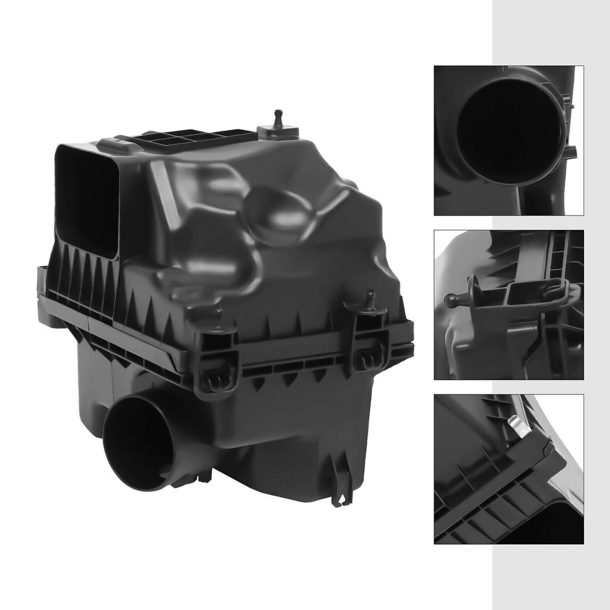Air cleaner intake housing box, black plastic, angled view with round intake tube opening