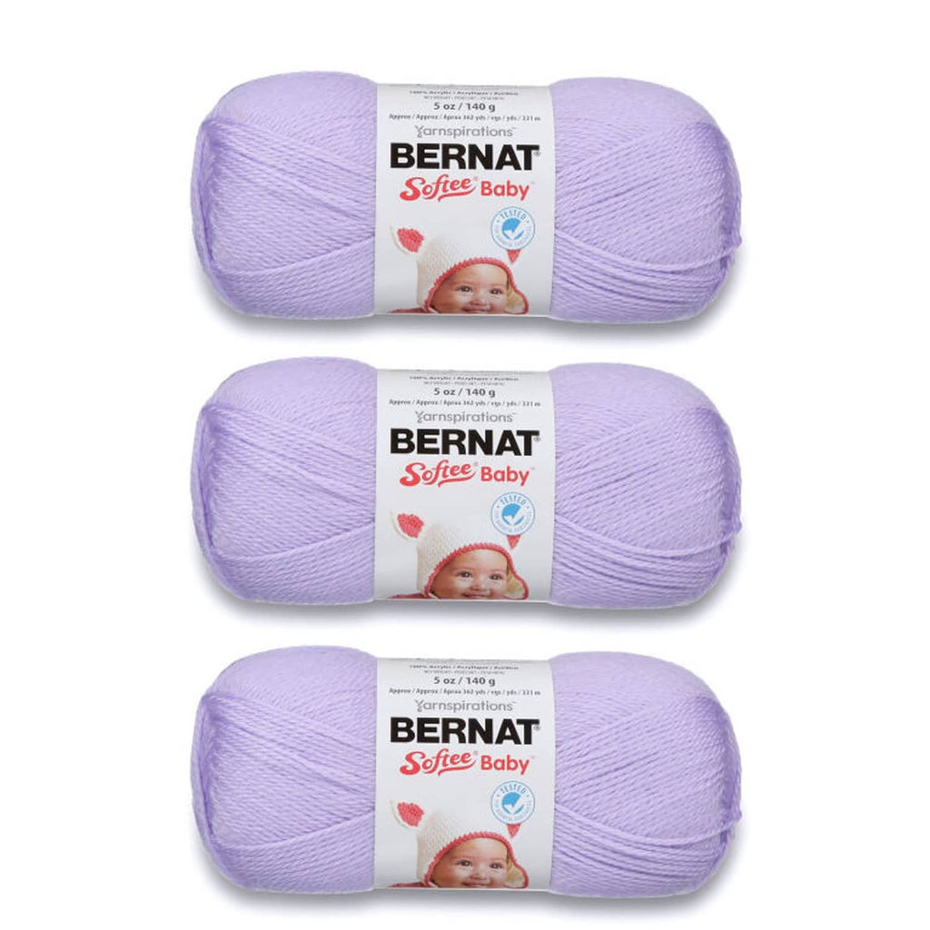 Lilac yarn skeins, Bernat Softee Baby 3-pack, for knitting and crocheting