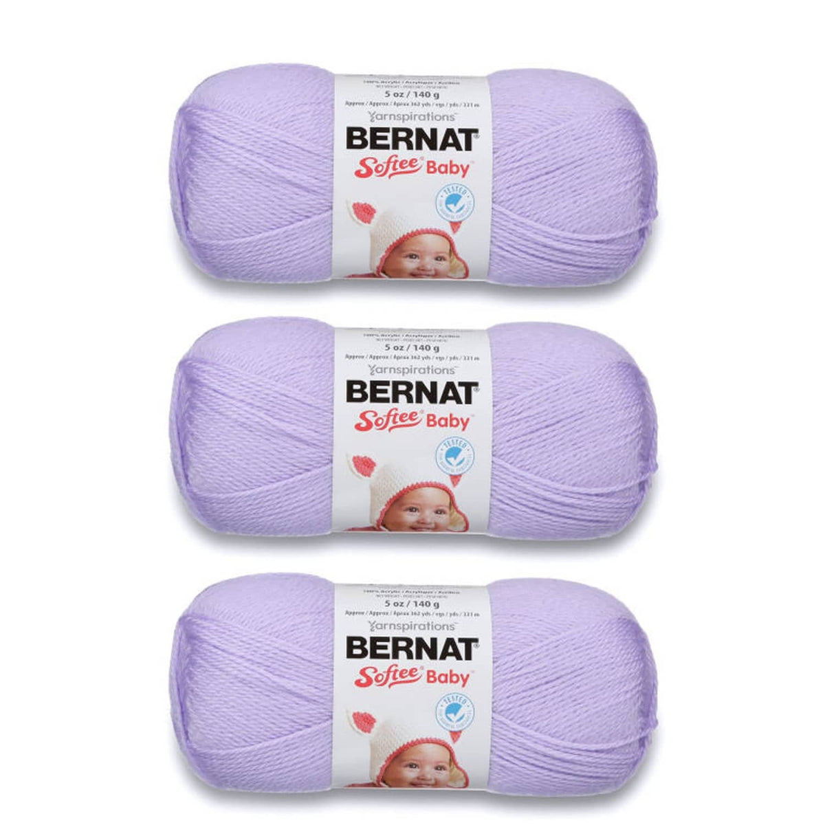 Lilac yarn skeins, Bernat Softee Baby 3-pack, for knitting and crocheting