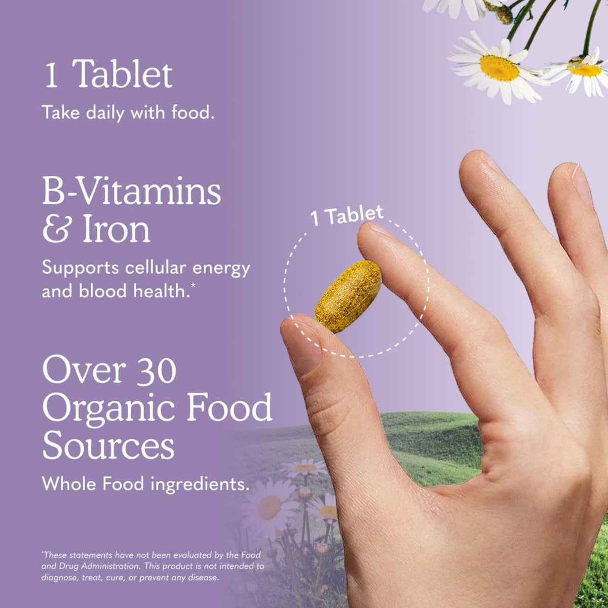 Tablet shown on fingertips for women’s multivitamin supplement