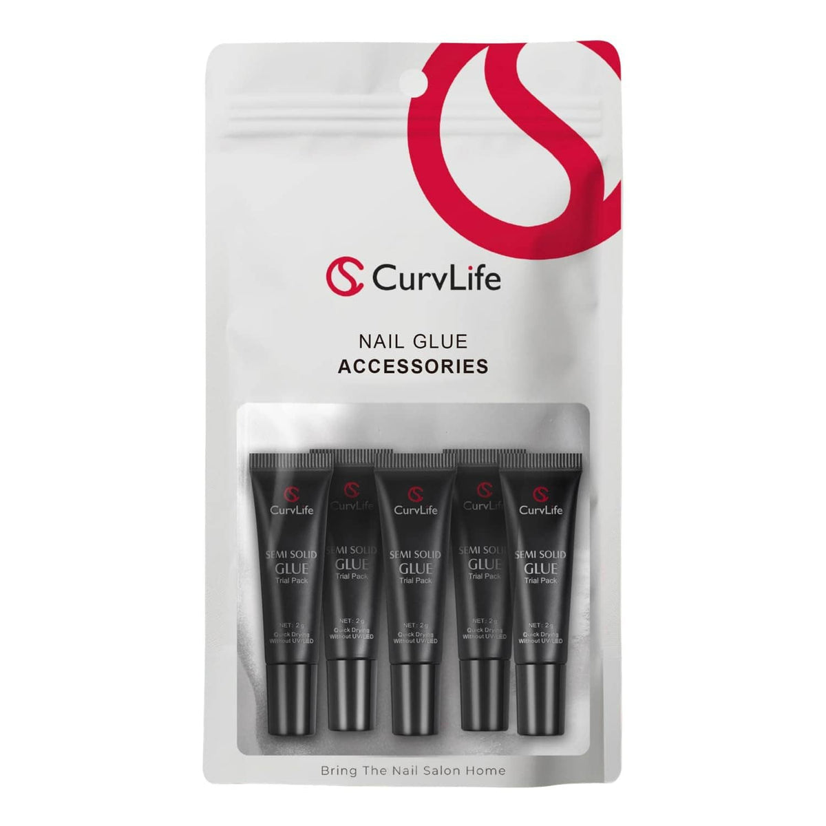Nail glue accessory pack with five CurvLife gel glue tubes in clear window pouch