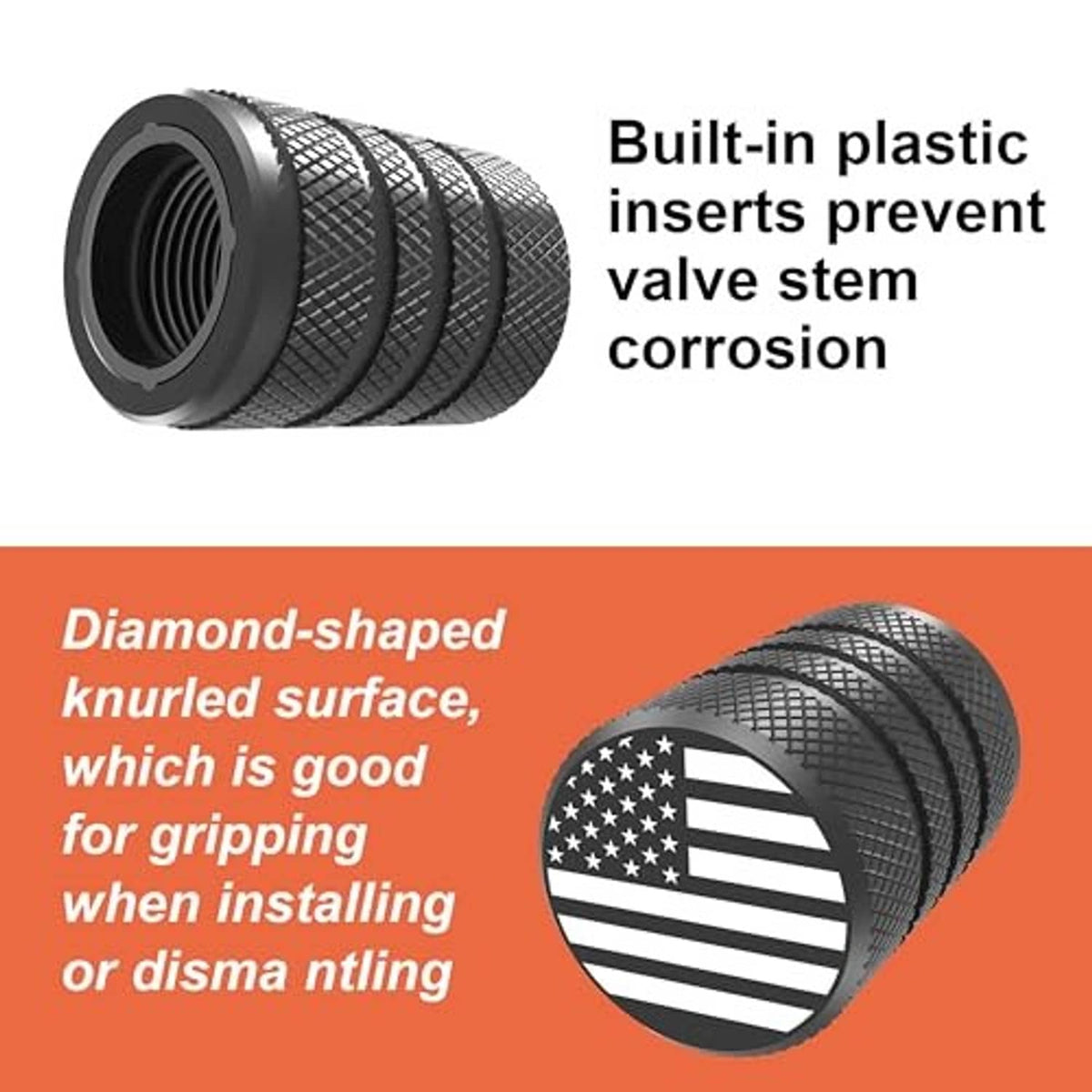 Black valve stem cap set with diamond-knurled surface and visible threaded interior