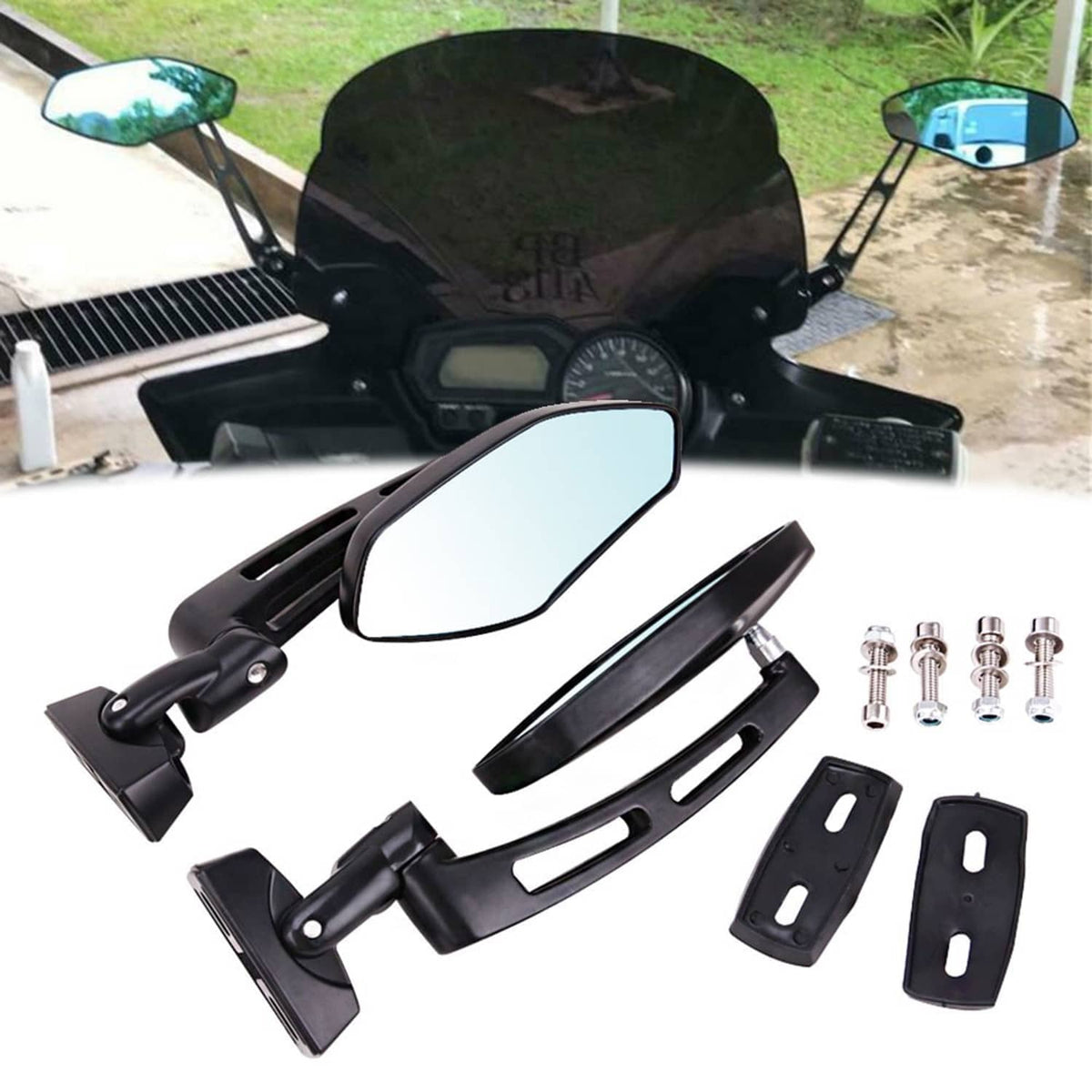 Pair side mirror assemblies with blue-tinted lenses, black mounts, and included hardware