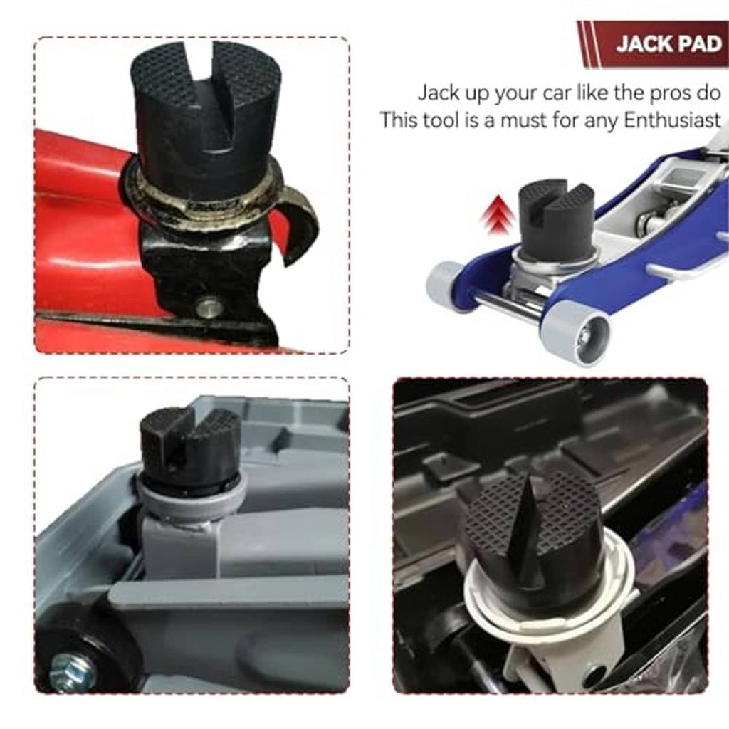 Black rubber jack pad adapter on a car jack saddle, with slotted tread surface.